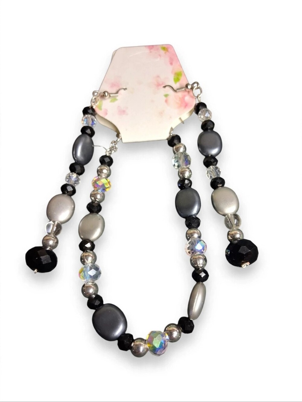 Elegant Black and Silver Beaded Drop Necklace - Unbranded
